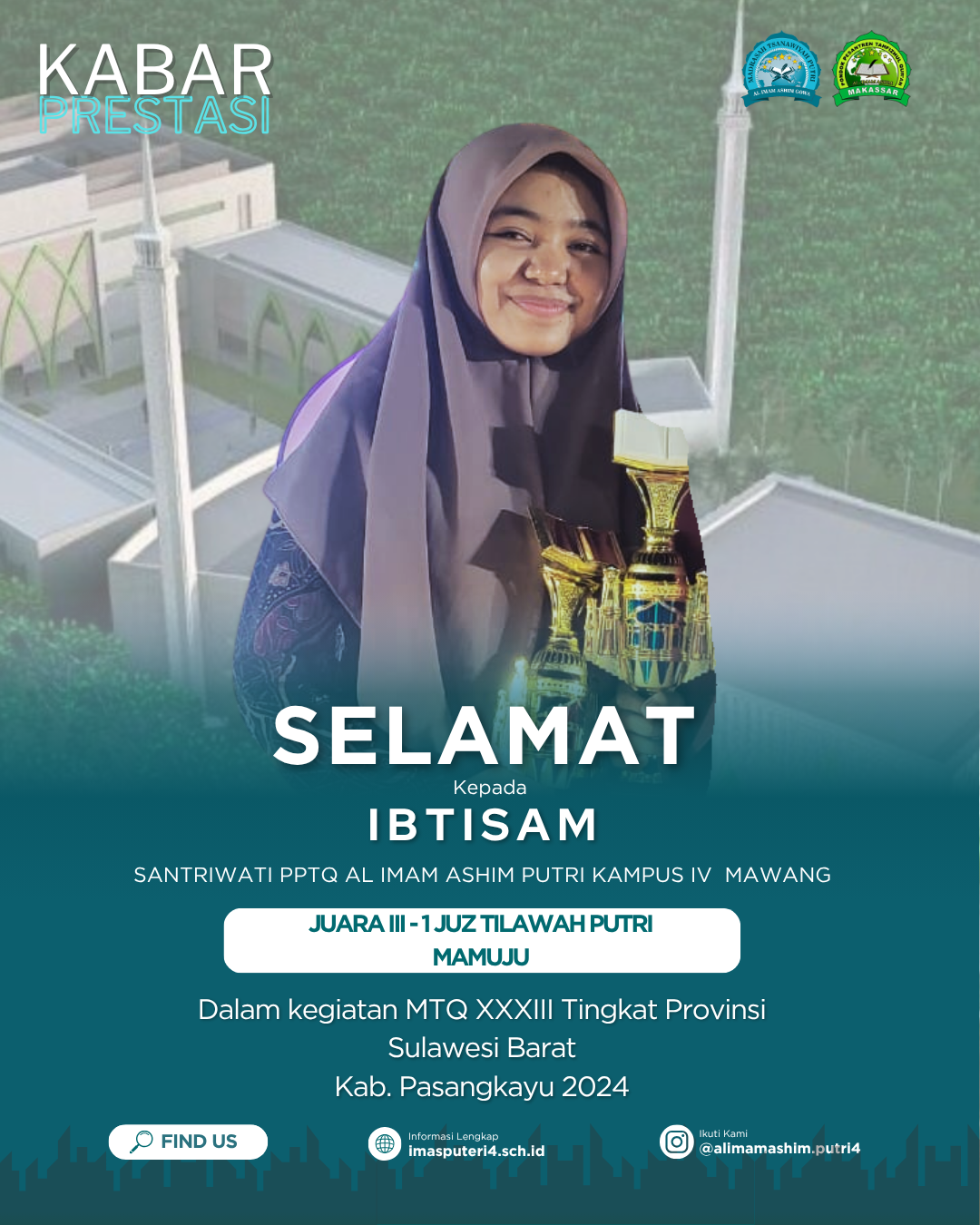 Read more about the article KABAR PRESTASI : Santriwati PPTQ Al-Imam Ashim Putri Kampus IV Gowa Raih Juara III Hifdzil dan Tilawah 1 Juz di MTQ Sulawesi Barat 2024