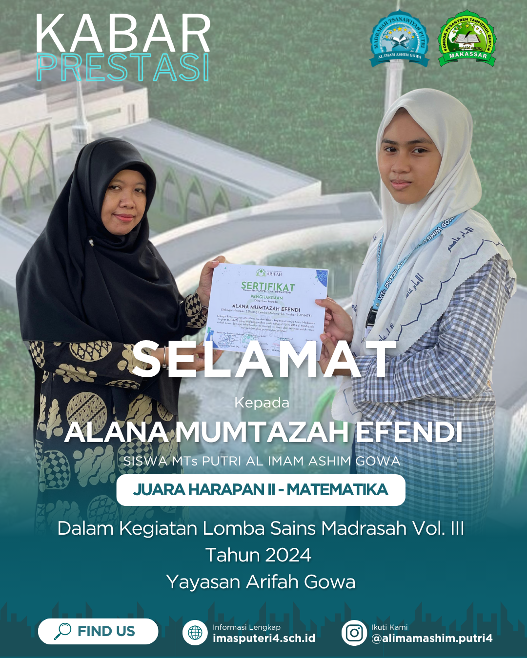 Read more about the article KABAR PRESTASI : MTs Putri Al-Imam Ashim Gowa Juara Harapan II Matematika Lomba Sains Madrasah Vol. III